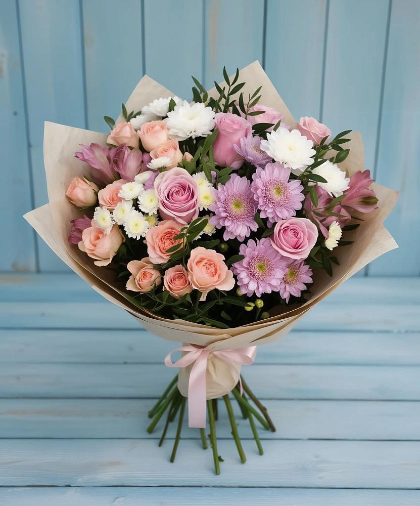 Букет цветов из: Хризантемы, Розы и Альстромерии в Первомайском Оренбургская область