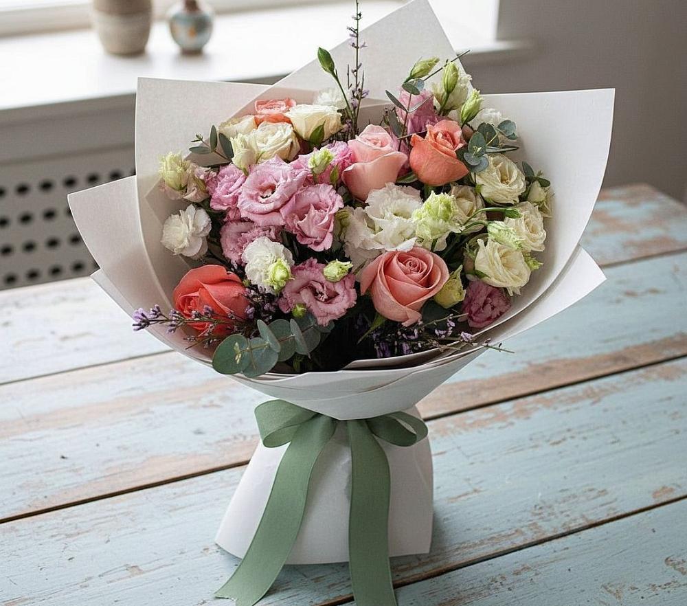 Букет цветов из: Розы, Лизиантусы и Гвоздики в Первомайском Оренбургская область