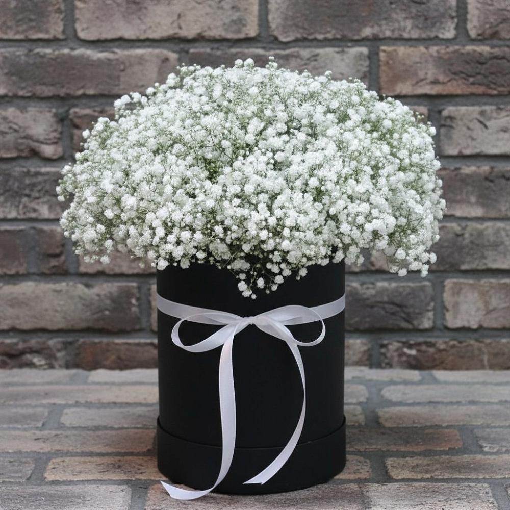 Цветочная композиция из Гипсофила в шляпной коробке в Первомайском Оренбургская область